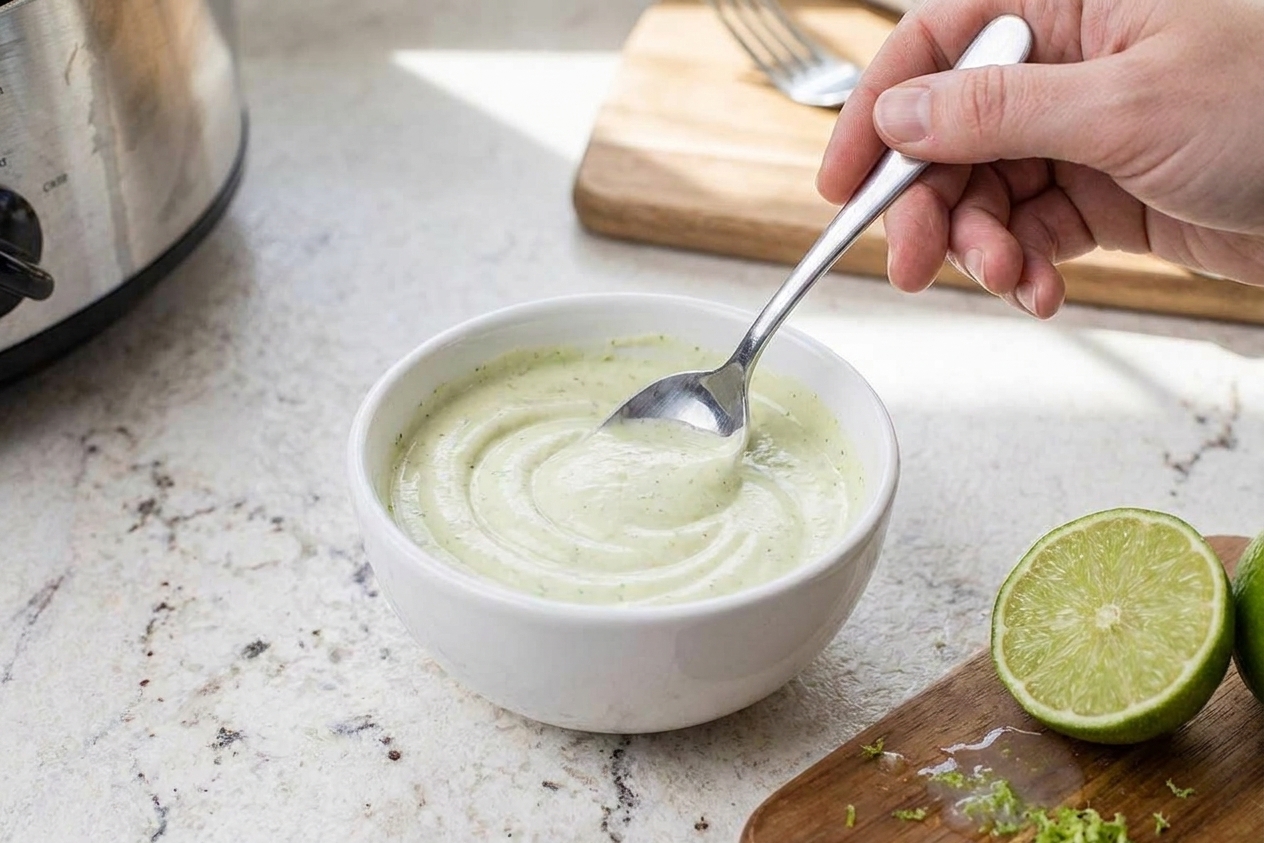 A small bowl of lime crema being stirred with a spoon on a kitchen counter, with a cut lime nearby