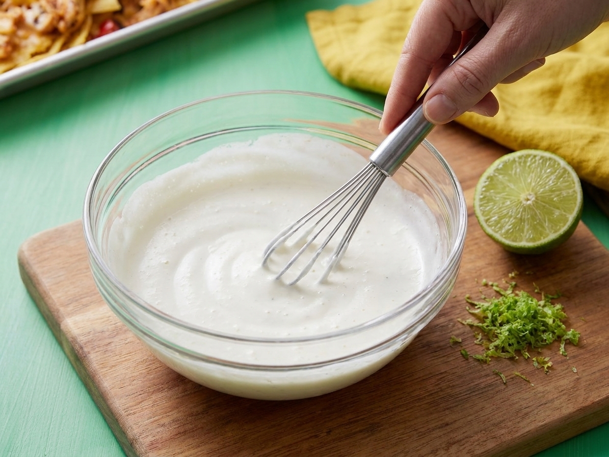 A small bowl of lime crema being whisked until smooth on a kitchen counter