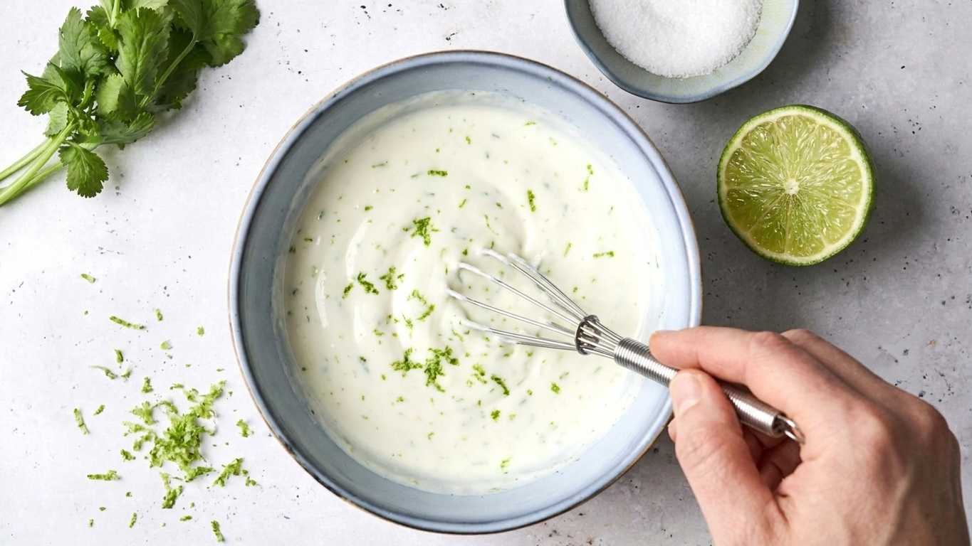 A small bowl of lime crema being whisked with visible lime zest on a kitchen counter next to a halved lime