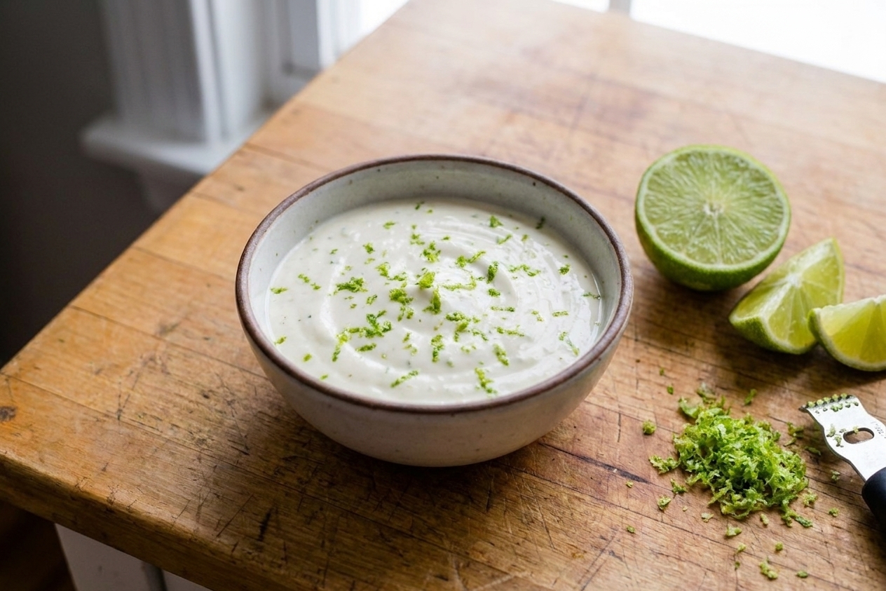 A small bowl of lime crema with visible lime zest on a kitchen counter next to a cut lime