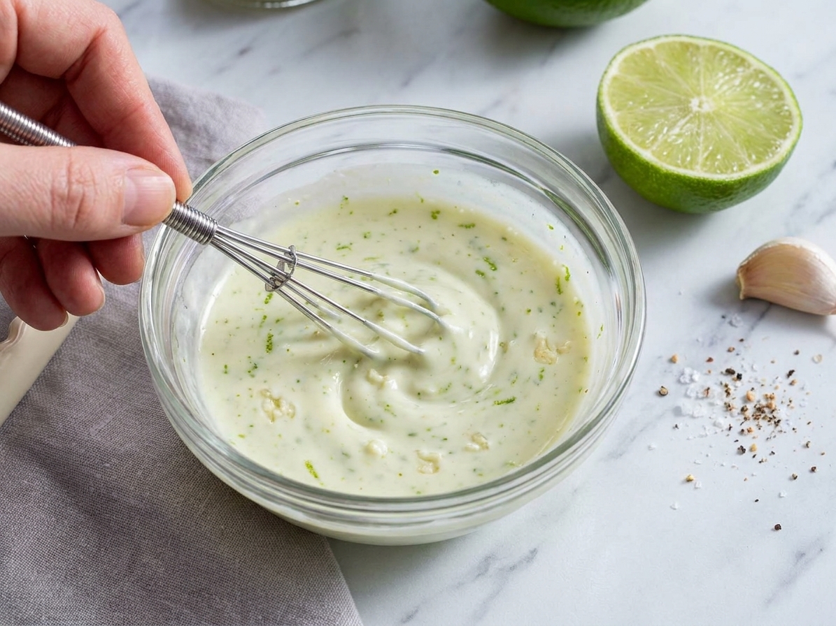 A small bowl of lime dressing being whisked with visible lime zest and minced garlic on a kitchen counter