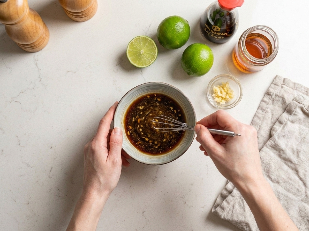 A small bowl of lime soy sesame dressing being whisked with minced garlic on a kitchen counter, with limes and soy sauce nearby