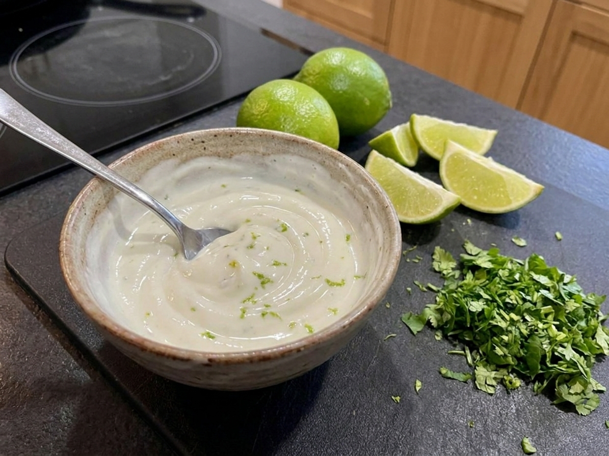 A small bowl of lime yogurt sauce being stirred with a spoon on a kitchen counter, with limes and chopped herbs nearby