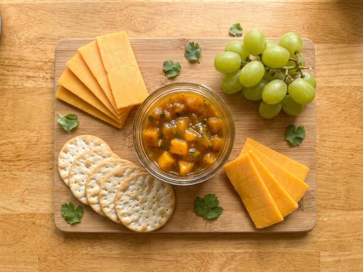 A small bowl of mango chutney on a wooden cheese board with slices of sharp cheddar, crackers, and grapes