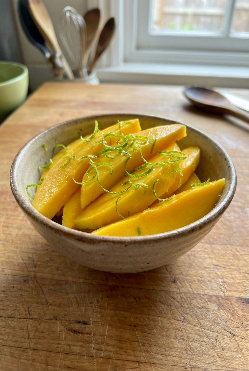 A small bowl of mango slices with lime zest