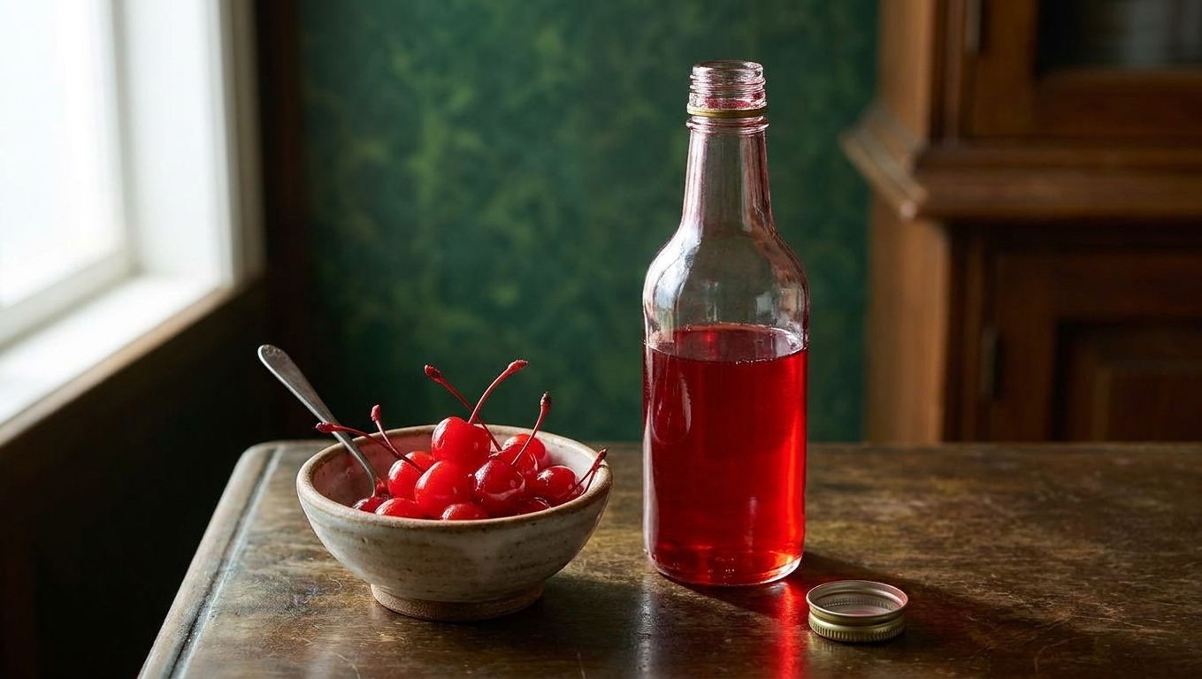 A small bowl of maraschino cherries next to an open bottle of grenadine on a kitchen counter with bright natural light