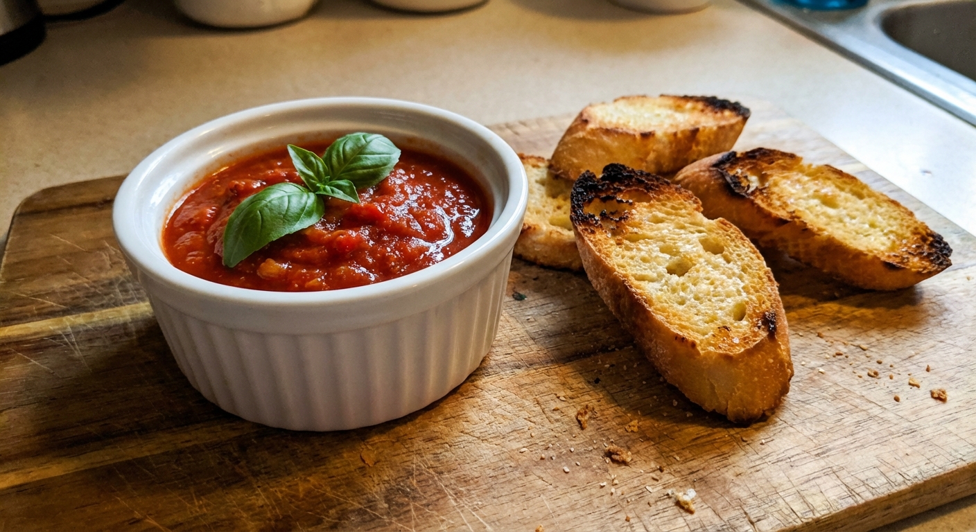 A small bowl of marinara sauce with basil beside toasted bread