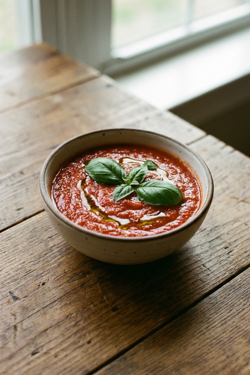 A small bowl of marinara sauce with basil on top