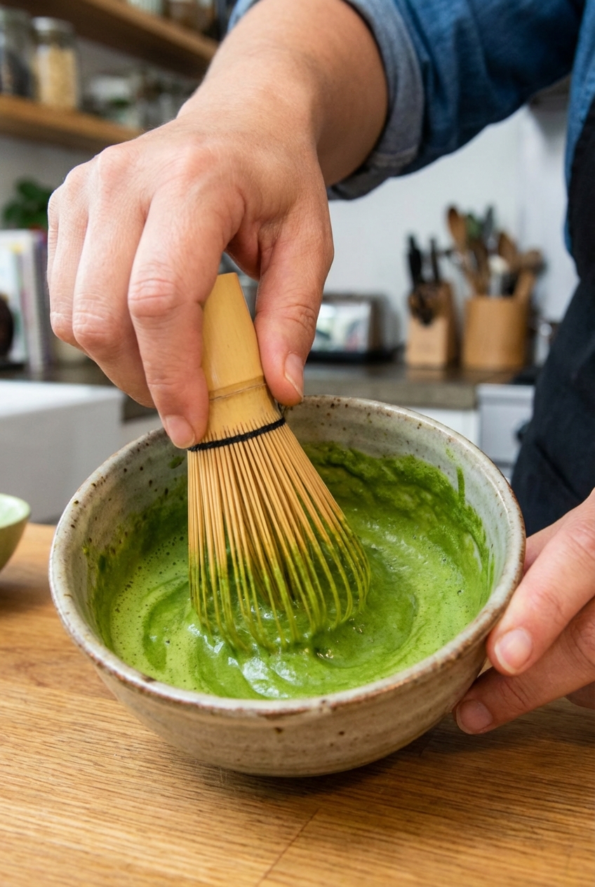 A small bowl of matcha being whisked into a smooth, bright green paste
