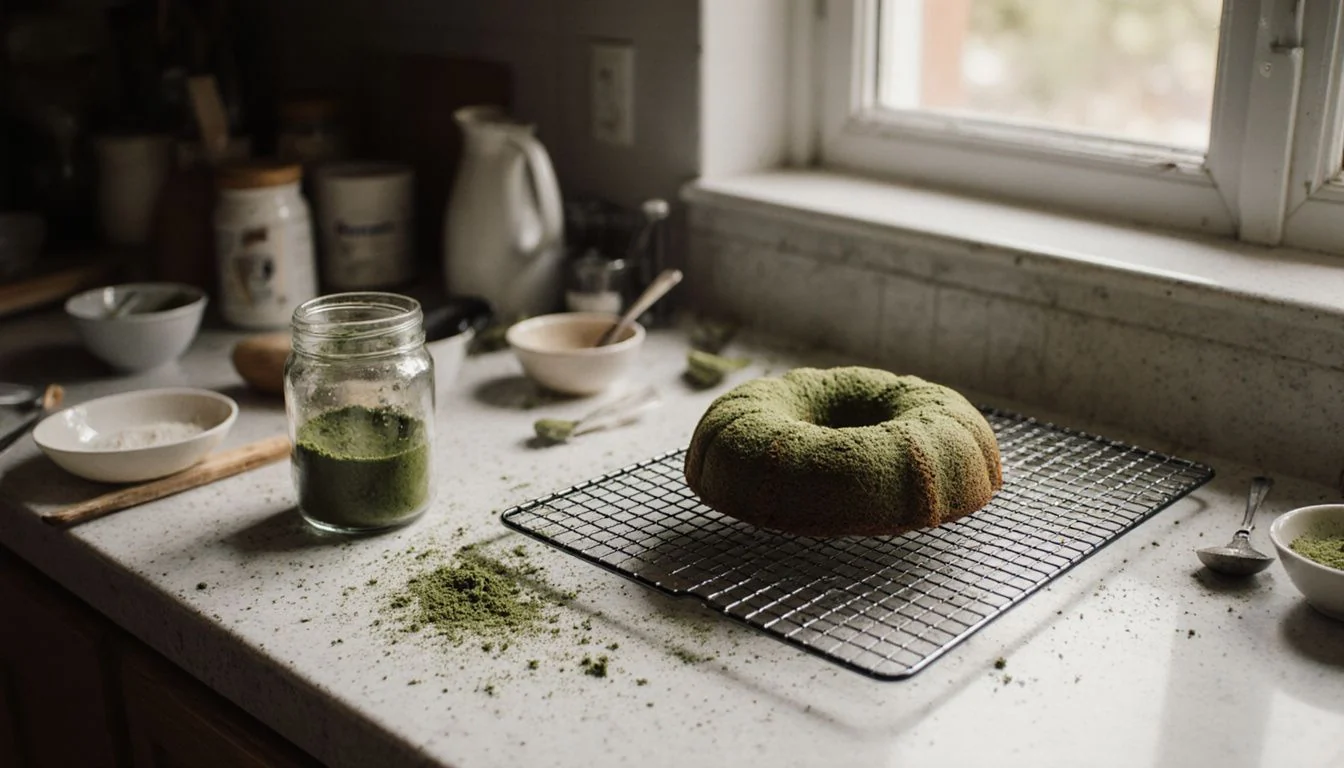 A small bowl of matcha powder on a kitchen counter beside measured baking ingredients