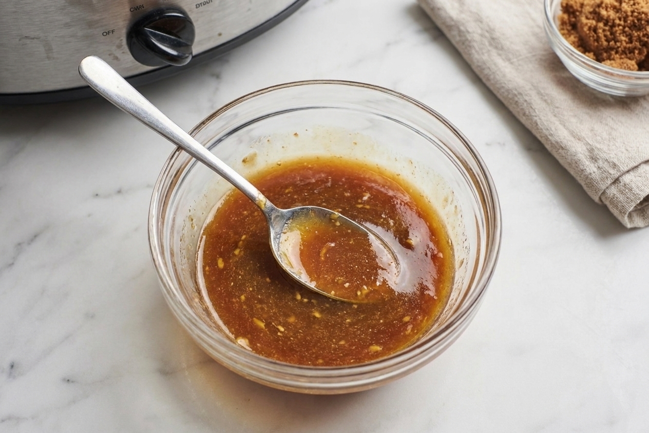 A small bowl of melted brown sugar glaze with honey and Dijon mustard on a kitchen counter with a spoon resting inside