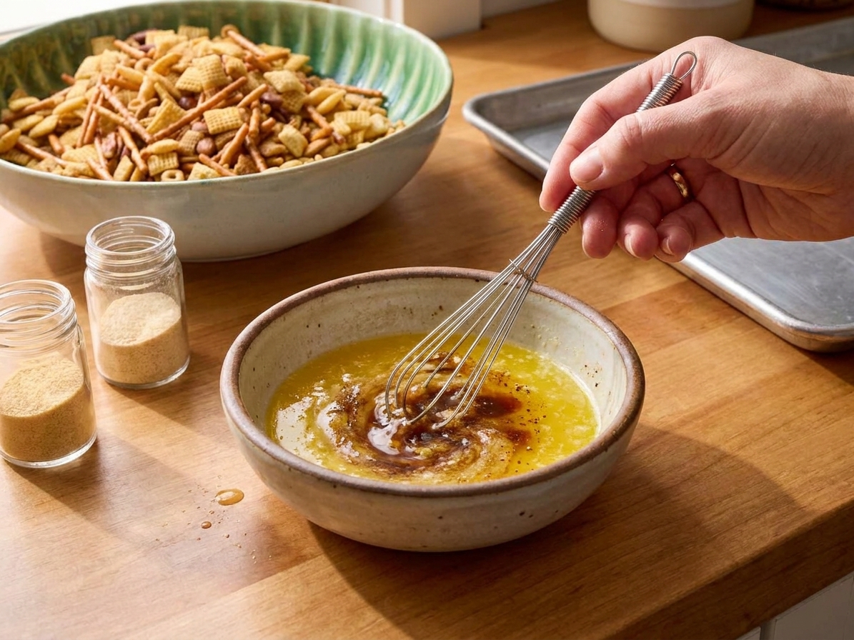 A small bowl of melted butter being whisked with Worcestershire sauce and spices on a kitchen counter