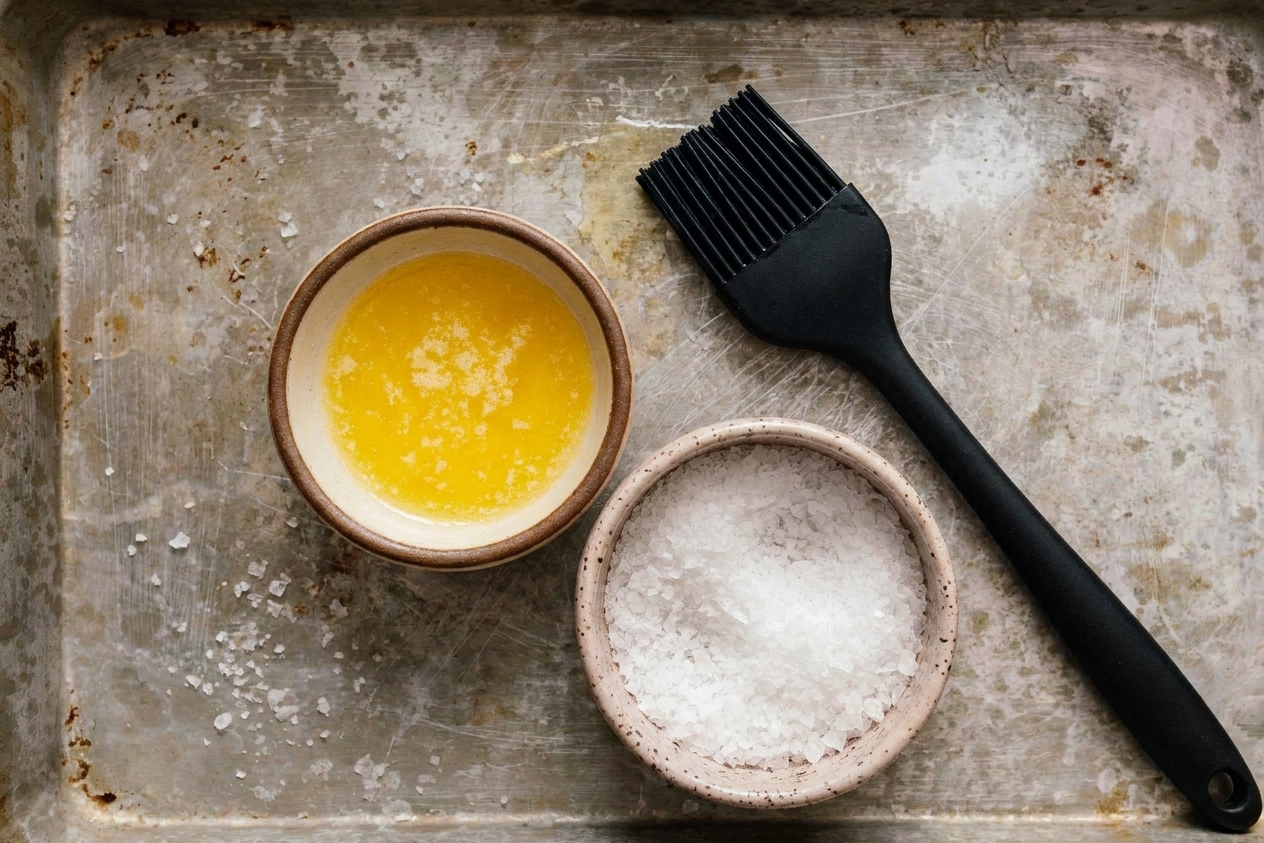 A small bowl of melted butter beside a dish of flaky salt with a pastry brush on a clean kitchen counter