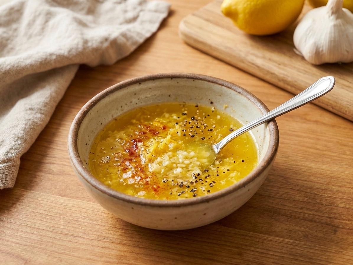 A small bowl of melted butter mixed with grated garlic, lemon zest, paprika, salt, and pepper on a kitchen counter
