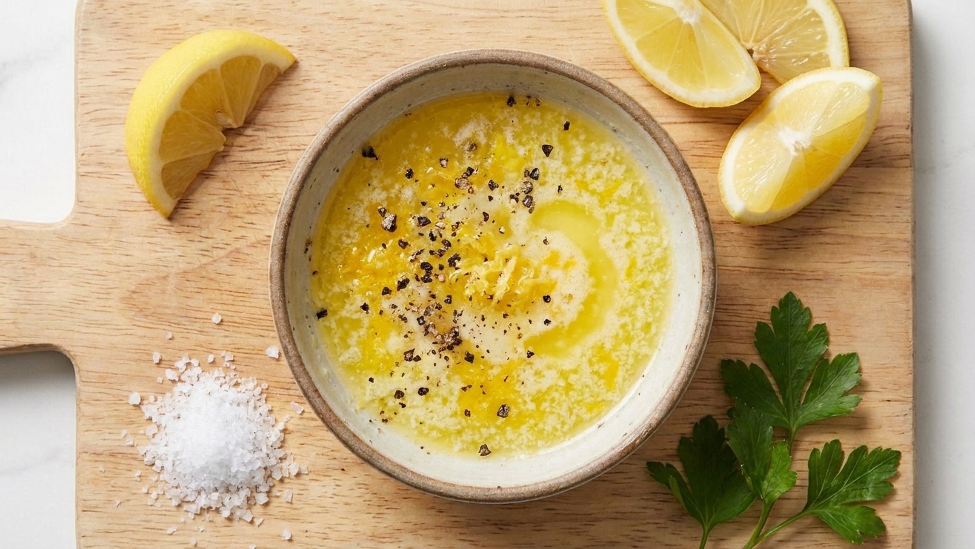 A small bowl of melted butter mixed with lemon zest, lemon juice, and cracked black pepper on a wooden cutting board
