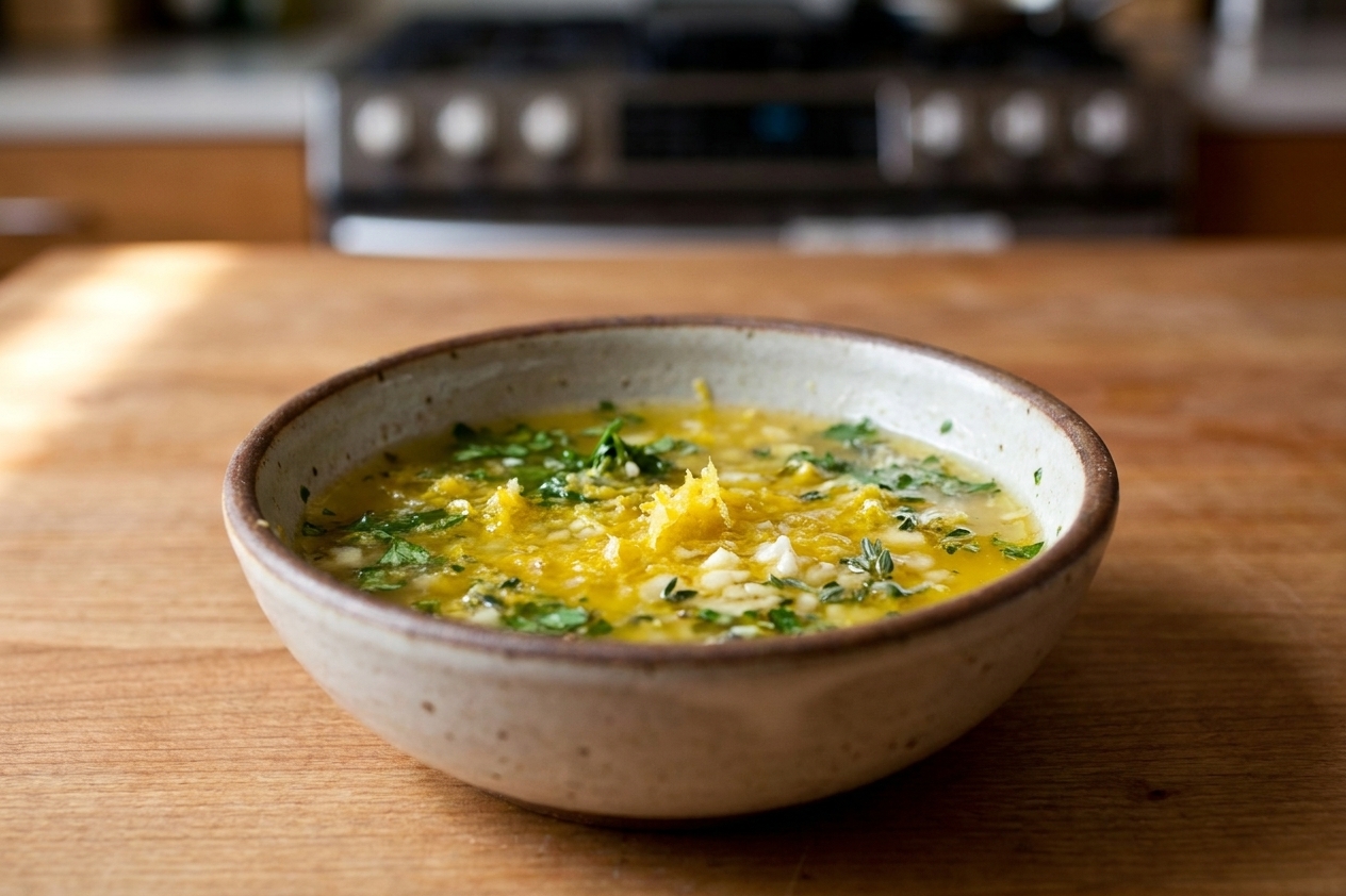 A small bowl of melted butter mixed with lemon zest, minced garlic, and chopped herbs on a kitchen counter