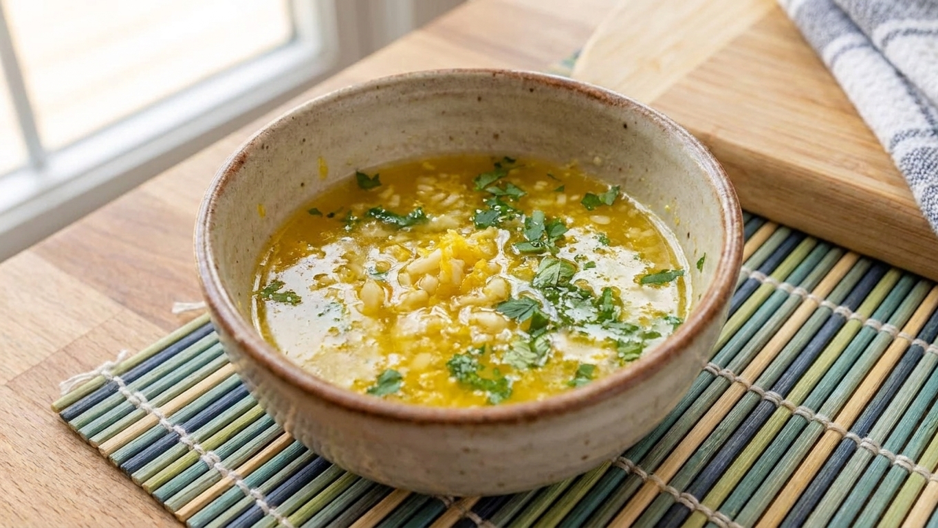 A small bowl of melted butter mixed with minced garlic, lemon zest, and chopped parsley on a kitchen counter