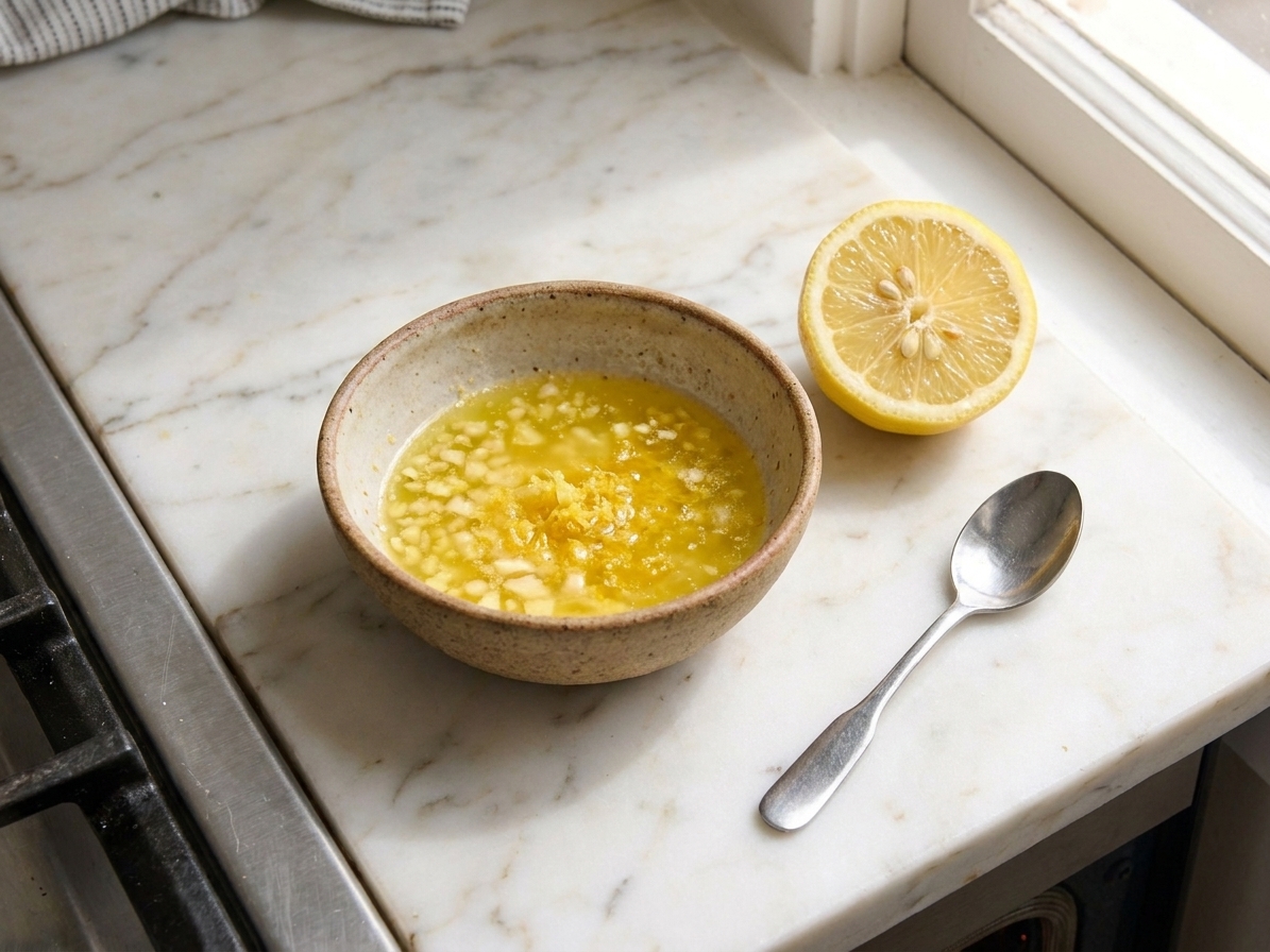 A small bowl of melted butter mixed with minced garlic and lemon zest on a kitchen counter next to a cut lemon and a spoon