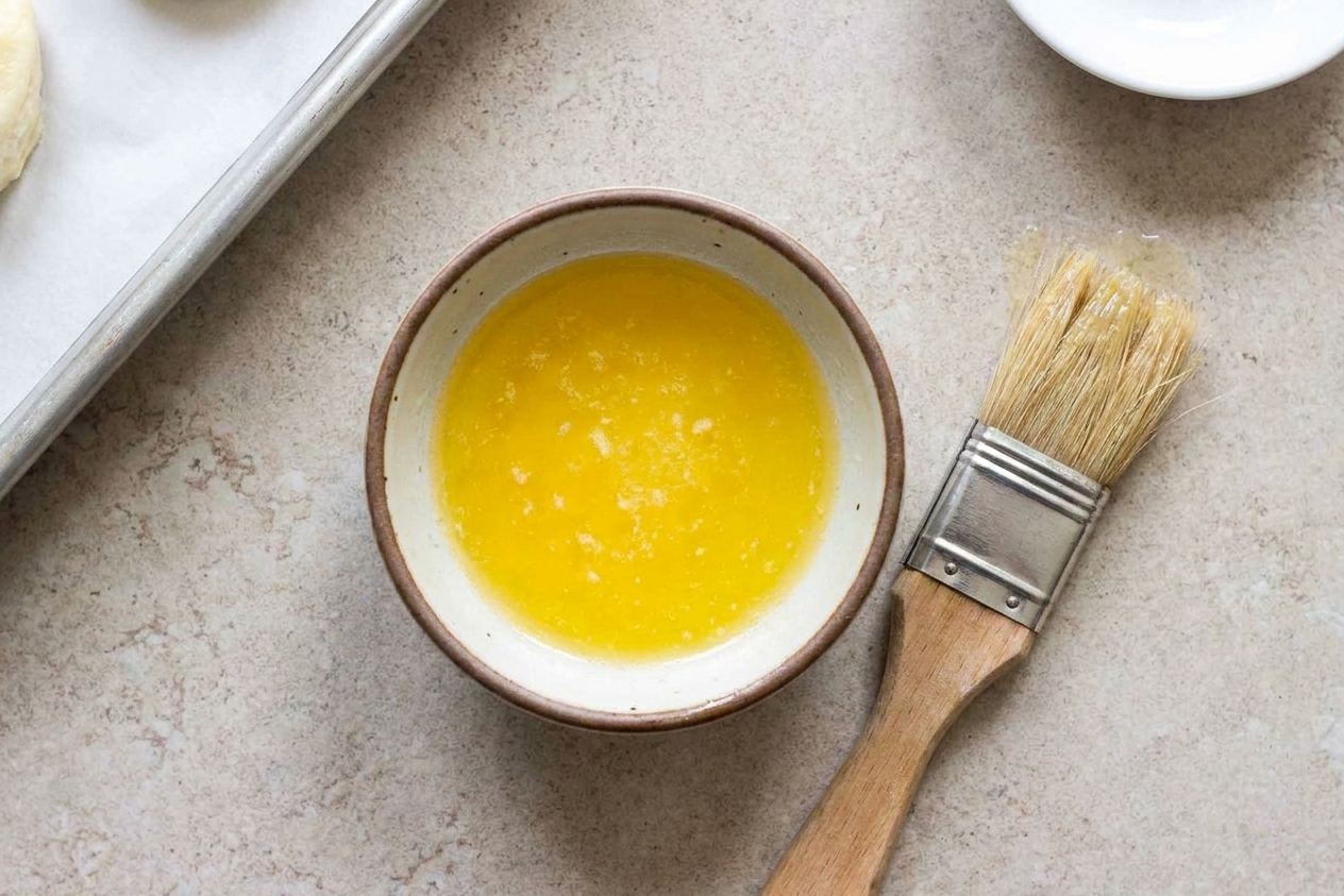 A small bowl of melted butter with a pastry brush resting beside it on a kitchen counter