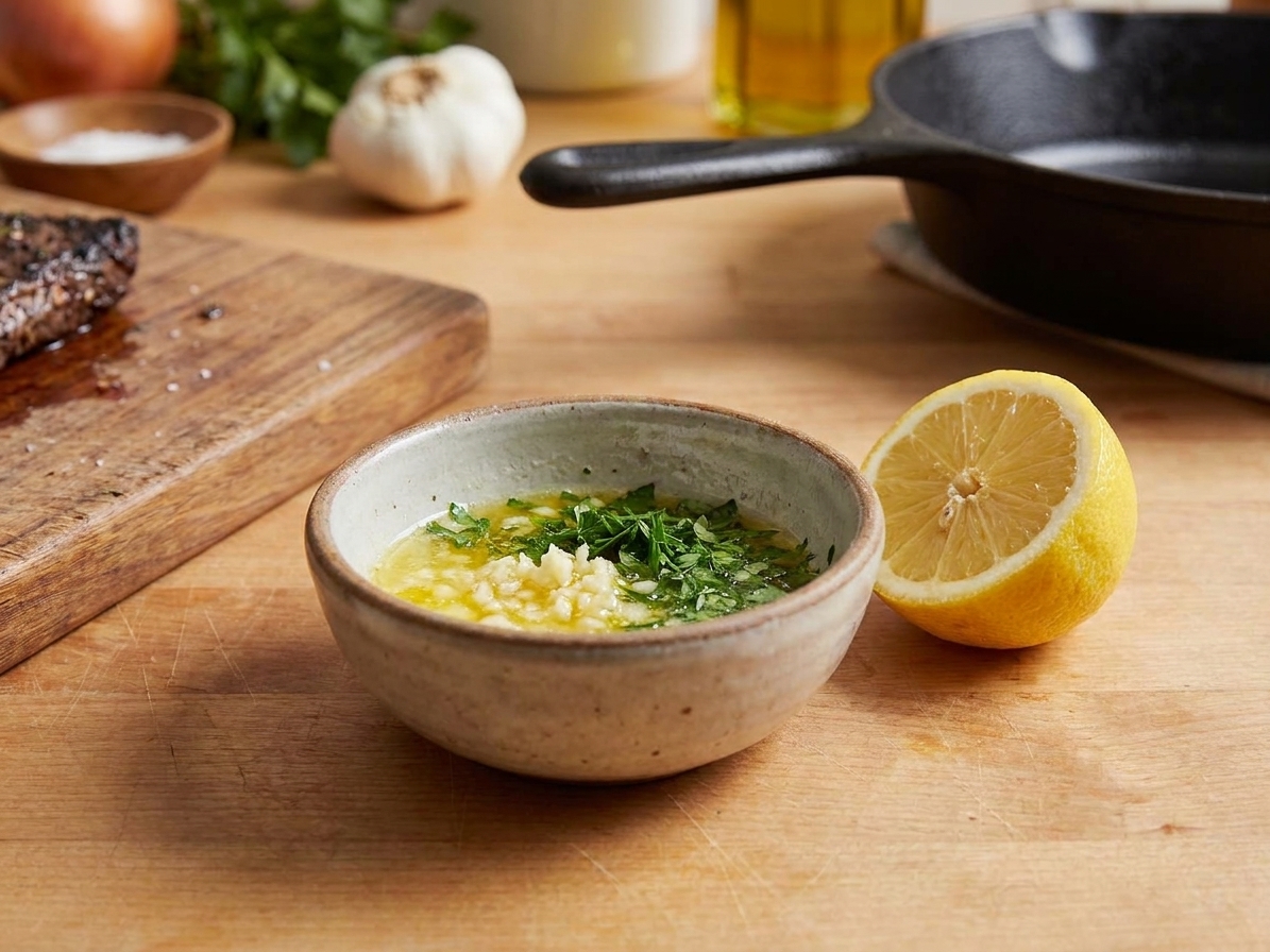 A small bowl of melted butter with minced garlic and chopped parsley on a kitchen counter next to a lemon half