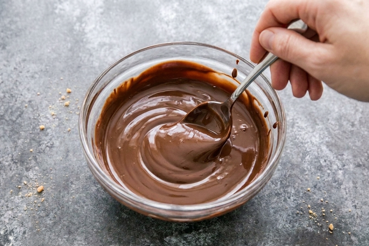 A small bowl of melted chocolate being stirred with a spoon until glossy on a kitchen counter