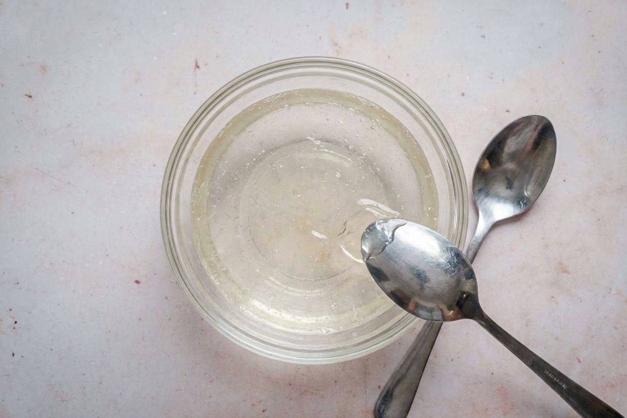 A small bowl of melted, clear gelatin on a kitchen counter next to a spoon