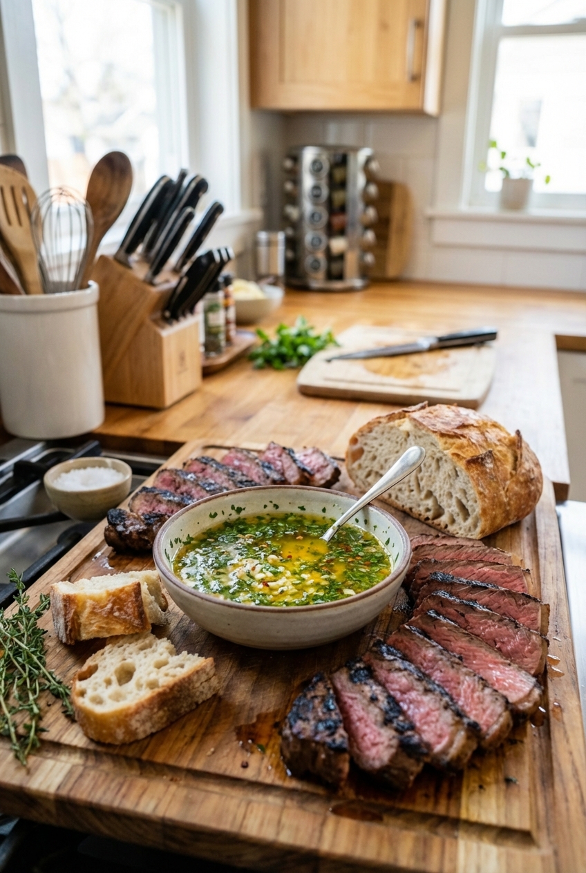 A small bowl of melted cowboy butter with visible flecks of parsley and red pepper flakes, surrounded by a sliced steak and crusty bread on a wooden cutting board