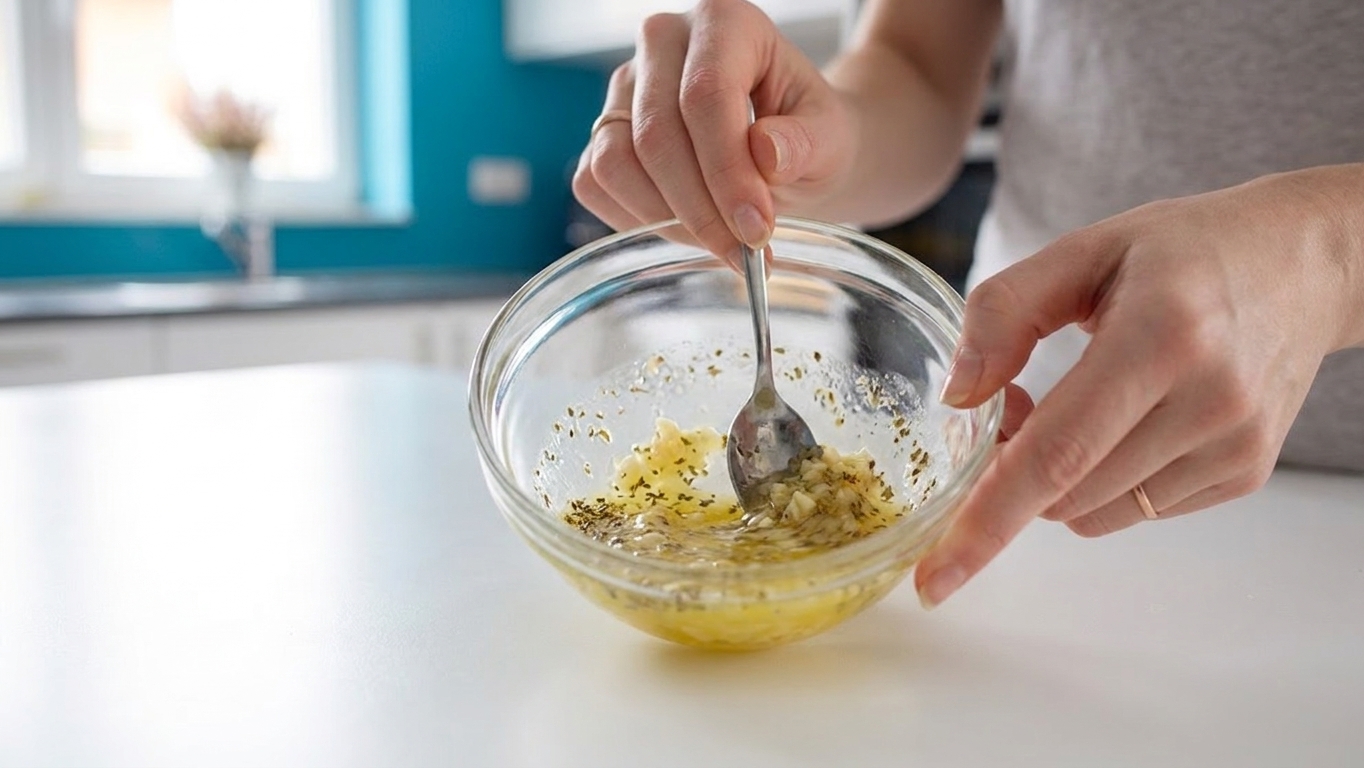 A small bowl of melted garlic butter with oregano being stirred with a spoon on a kitchen counter