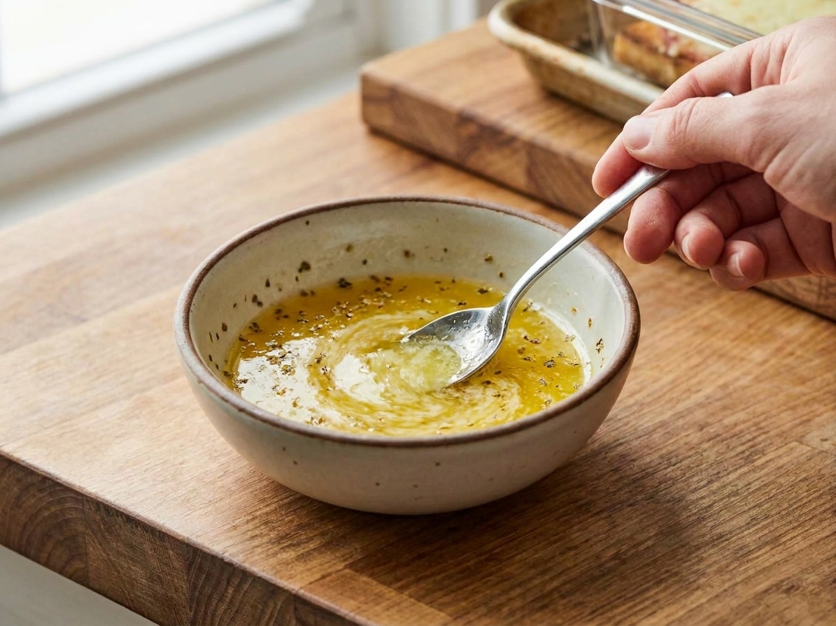 A small bowl of melted garlic butter with oregano being stirred with a spoon on a kitchen counter