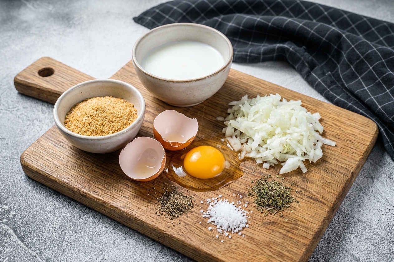 A small bowl of milk and breadcrumbs next to grated onion, a cracked egg, and seasonings on a cutting board
