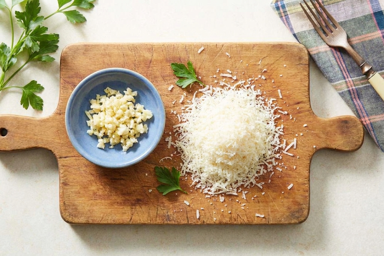 A small bowl of minced garlic next to a mound of finely grated Parmesan on a cutting board