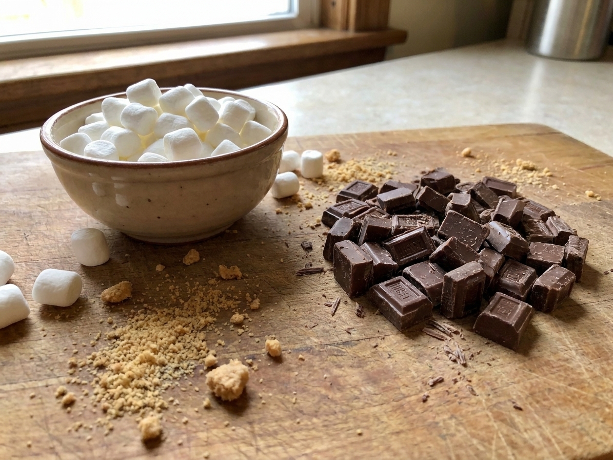 A small bowl of mini marshmallows next to chopped milk chocolate on a wooden cutting board in a bright home kitchen