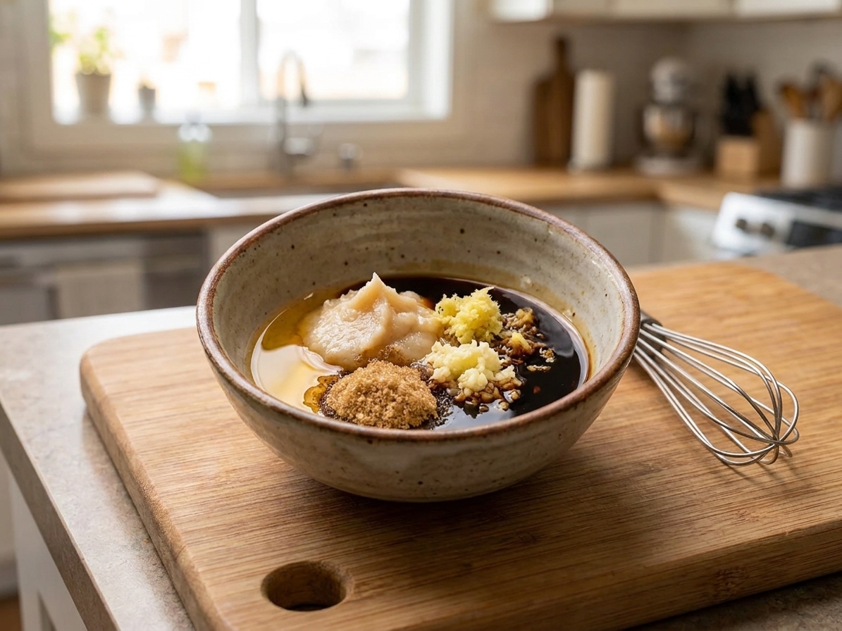 A small bowl of miso glaze ingredients including white miso, mirin, soy sauce, brown sugar, grated ginger, and garlic on a wooden cutting board in a home kitchen