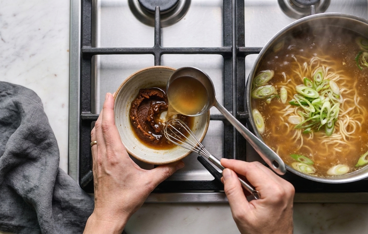 A small bowl of miso paste being whisked with hot broth next to a pot of simmering ramen soup on a stovetop