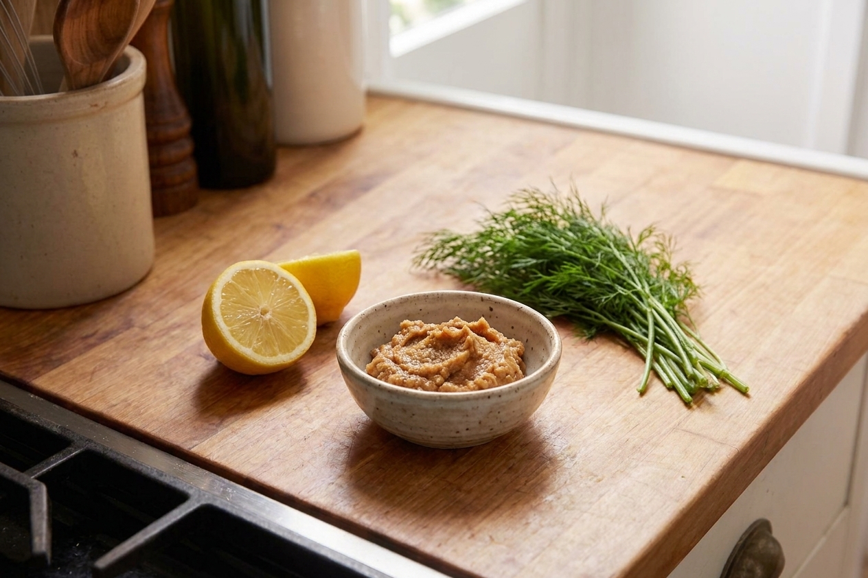 A small bowl of miso paste next to a halved lemon and a bunch of fresh dill on a wooden cutting board in a bright home kitchen