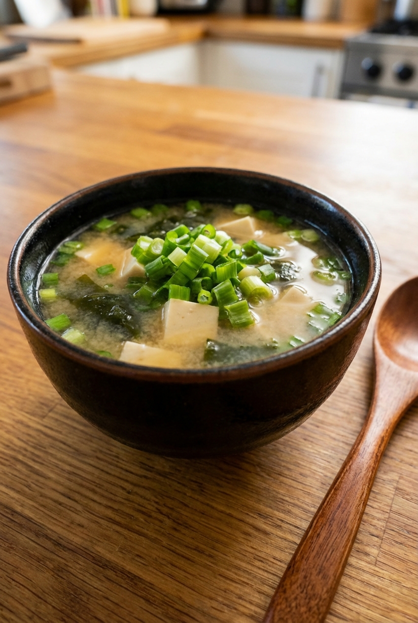 A small bowl of miso soup with scallions