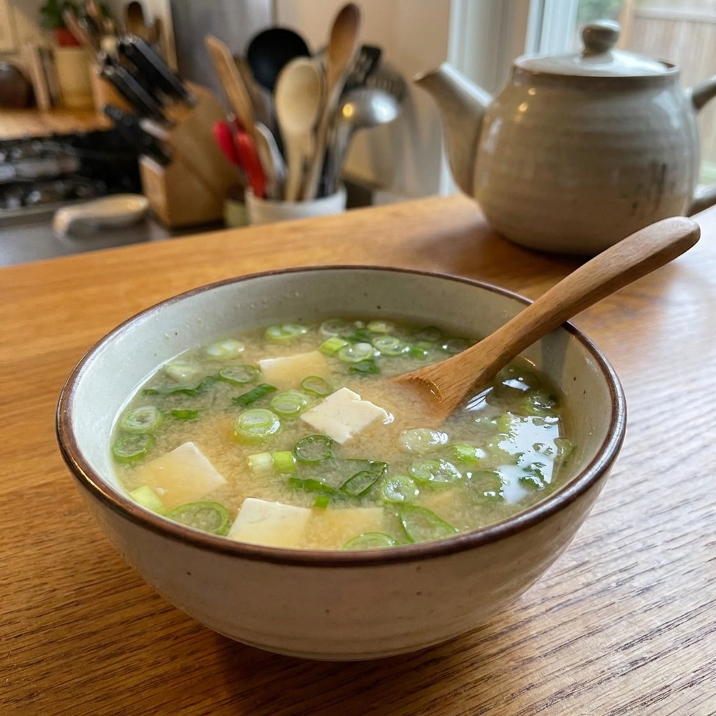 A small bowl of miso soup with tofu cubes and sliced scallions