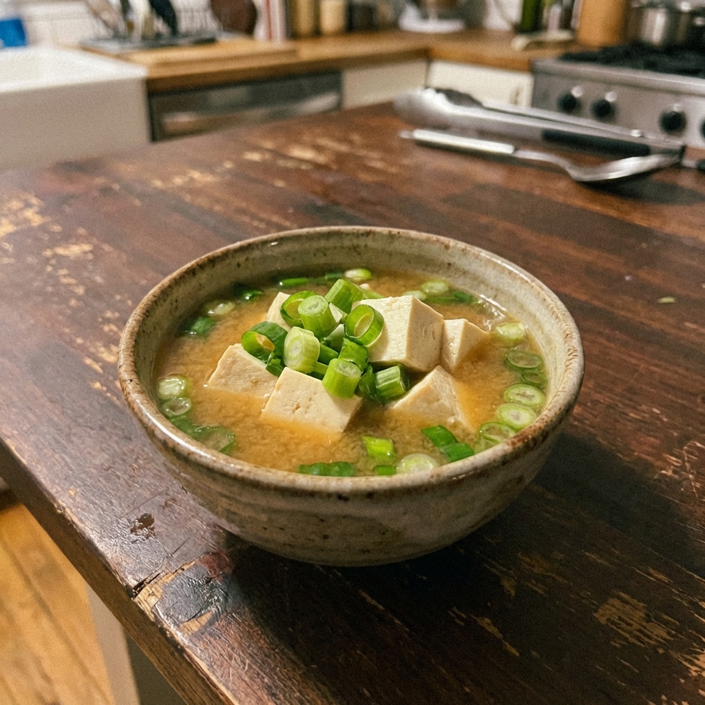 A small bowl of miso soup with tofu cubes and sliced scallions on a dark tabletop