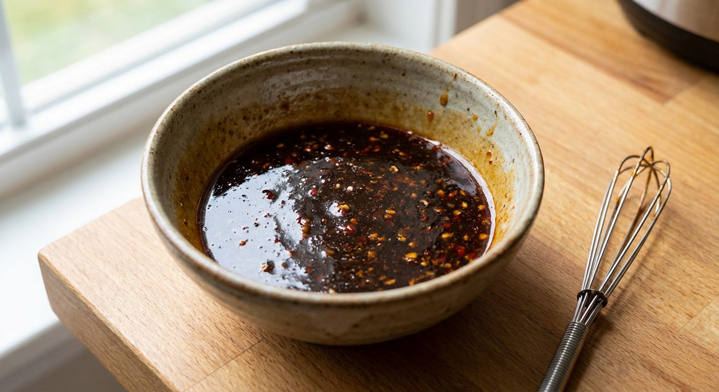 A small bowl of mixed Thai-inspired stir-fry sauce with lime juice, soy sauce, fish sauce, chili garlic sauce, and brown sugar
