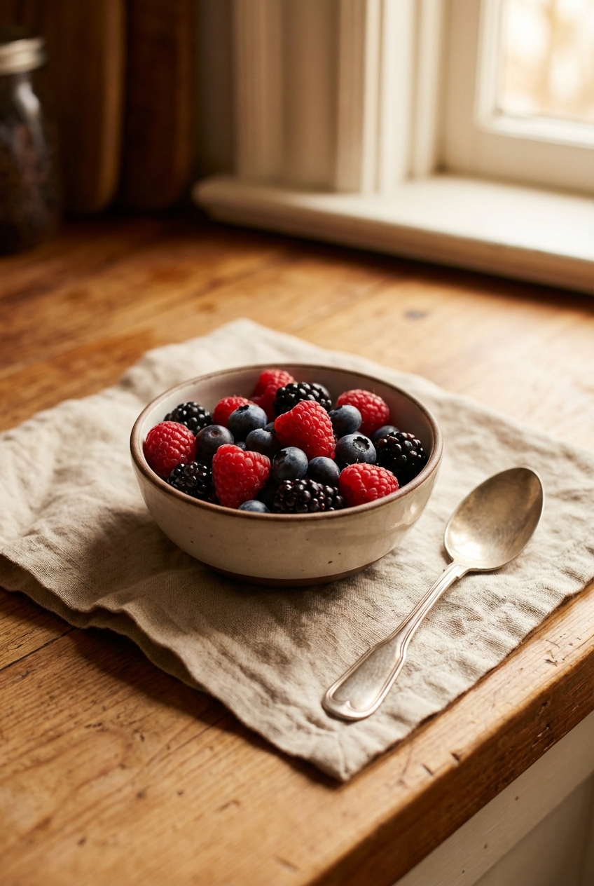 A small bowl of mixed berries on a linen napkin beside a spoon