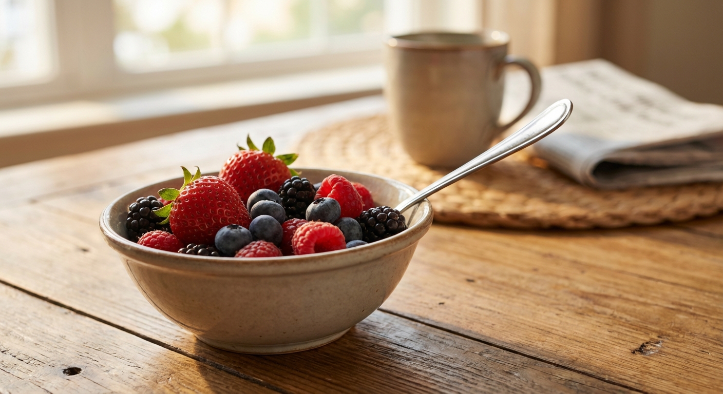 A small bowl of mixed berries with a spoon on a breakfast table