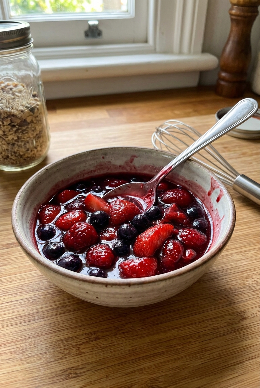 A small bowl of mixed berry compote with a spoon