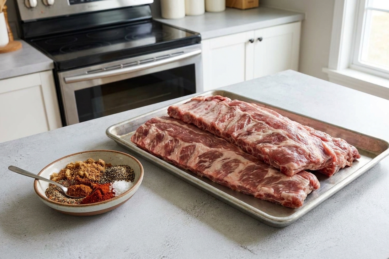 A small bowl of mixed dry rub spices with paprika and brown sugar next to a tray of raw country style pork ribs