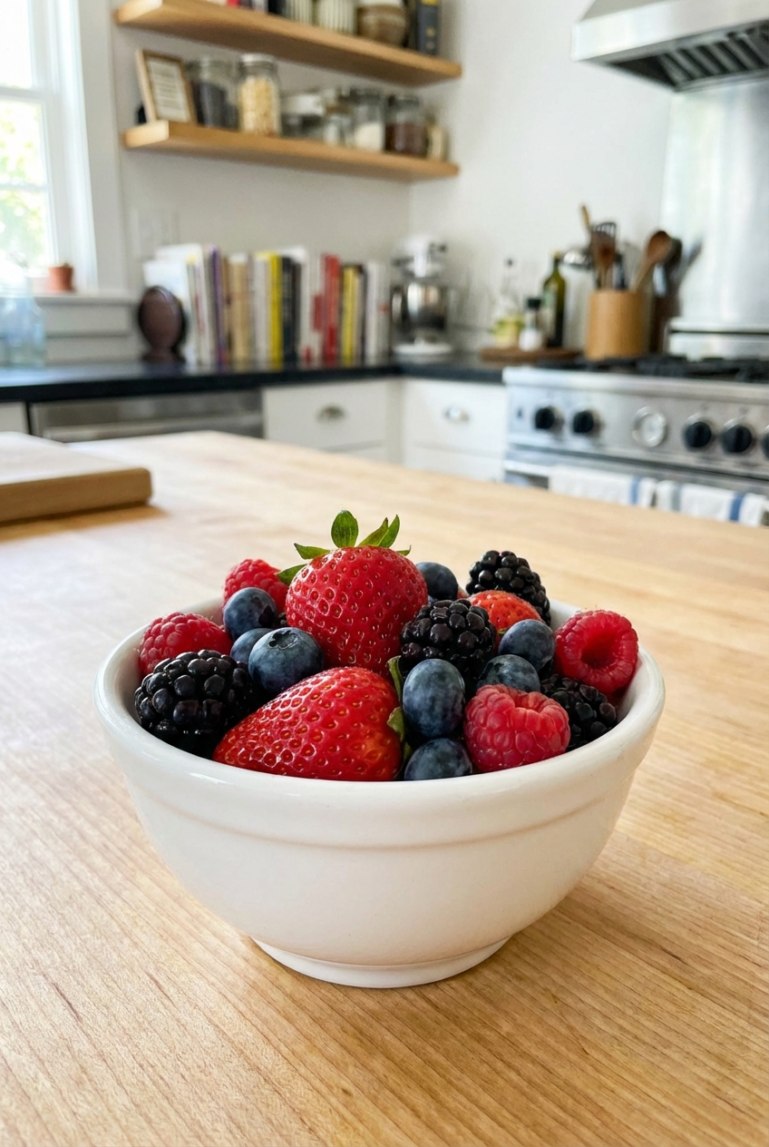 A small bowl of mixed fresh berries on a light kitchen counter