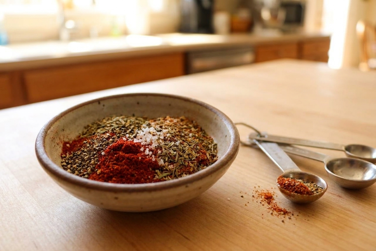 A small bowl of mixed spice rub with paprika, herbs, salt, and pepper on a kitchen counter next to measuring spoons