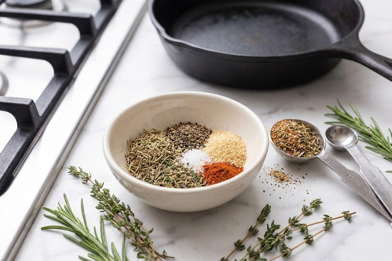 A small bowl of mixed spices and herbs for pork roast rub with measuring spoons on a kitchen counter