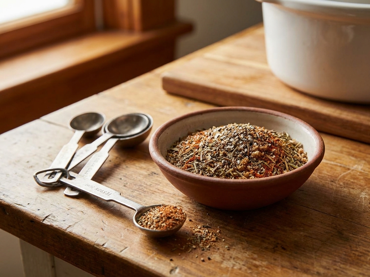 A small bowl of mixed spices for a pork roast rub on a kitchen counter next to measuring spoons