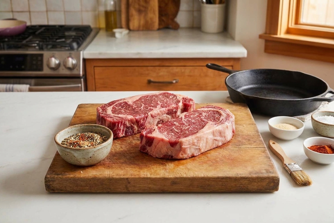 A small bowl of mixed steak seasoning next to raw steaks on a cutting board on a bright kitchen counter