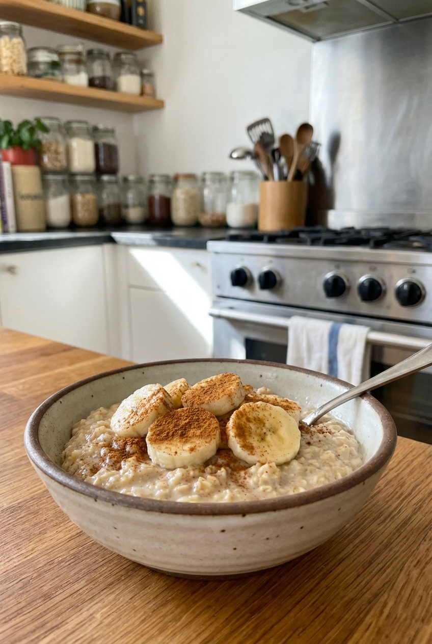 A small bowl of oatmeal with sliced banana and cinnamon