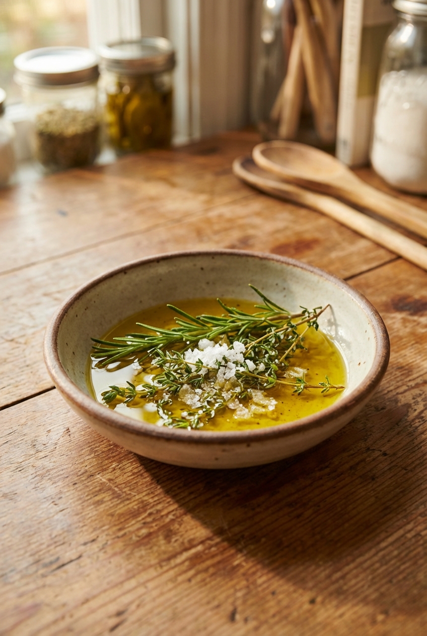 A small bowl of olive oil with herbs and flaky salt on a wooden table